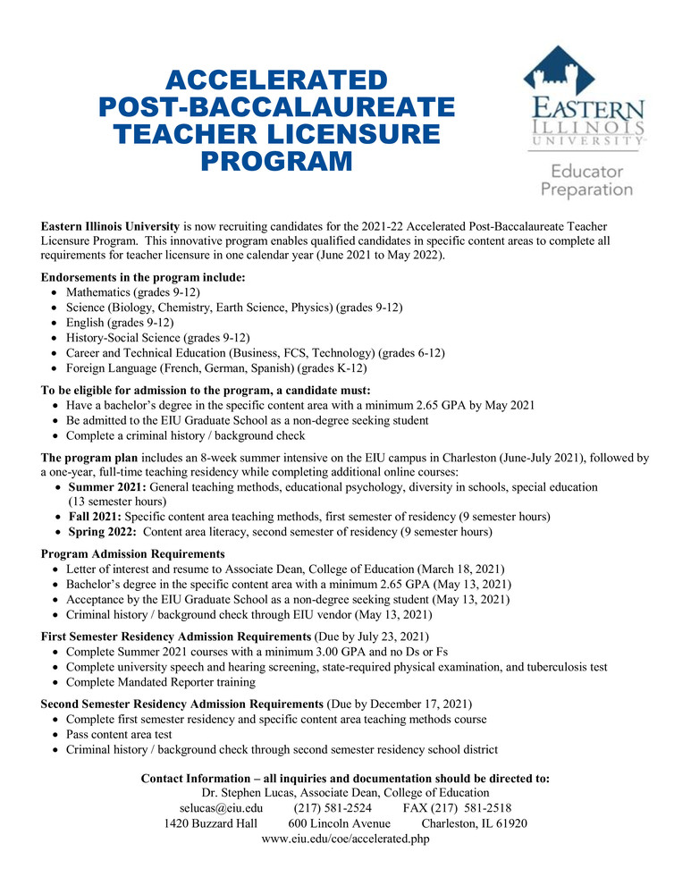 EIU Teacher Licensure Program - Bạn đang muốn trở thành một giáo viên chuyên nghiệp và tìm cách cải thiện kỹ năng giảng dạy của mình? Hãy xem hình ảnh liên quan đến chương trình EIU Teacher Licensure Program, đó là một chương trình giúp bạn đạt được chứng chỉ giáo viên tuyệt vời và làm chủ công tác giảng dạy. 
